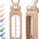 SIEROZUR 32 oz Glass Water Bottle with Straw and Handle 1 Liter Glass Water Bottle with Silicone Sleeve and Time Marker Sports Water Jug Wide Mouth for Travel Gym (Amber)