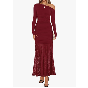 ZESICA Women's Long Sleeve Off Shoulder Bodycon Dresses Fall 2026 Ruched Lace Wedding Guest Cocktail Formal Maxi Dress, Size S