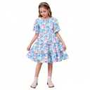LQSZ Girls Summer Smocked Dress Short Sleeve Ruffle Dresses Casual Printed A-line Sundress for Toddler 12 Years
