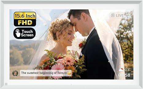 NexFoto 15.6" Touchscreen Digital Picture Frame, 64GB Digital Photo Frame FHD WiFi, Add Pics from Google Photos, Upload Videos via App/USB, Gifts for Wedding/Mom/Grandpartents, Silver
