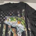 (Art on Back) American Flag Camo Bass Fish Fishing T-Shirt, Size Small