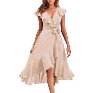 PRETTYGARDEN Women's 2025 Summer Cross Midi Dress Casual Boho Deep V Neck Short Sleeve Ruffle Hem Split Beach Long Dresses L