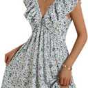 Loemes Women Summer Cute Floral Deep V Neck Mini Dress Casual Ruffle Sleeveless High Waist Swing Beach Sundress with Pockets Size M