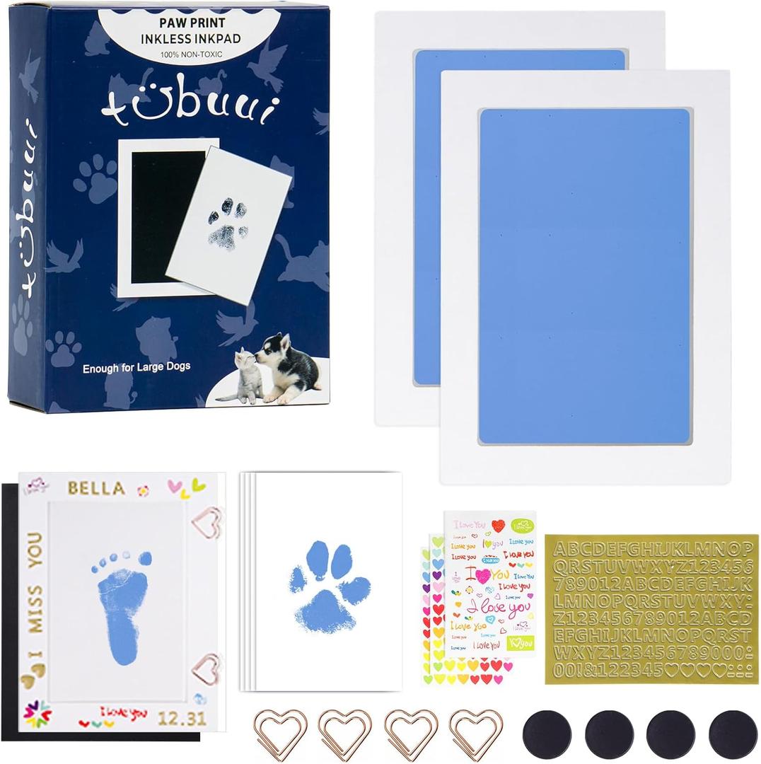 Tubuui Paw Print Kit for Dogs Cats,Inkless Baby Hand and Footprint Kit, Dog Nose Print Kit,Clean Touch Ink Pad Kit,No Mess Newborn Baby Footprint Kit, Pet Paw Print Kit for Family Keepsake (Large (Pack of 2), Blue)