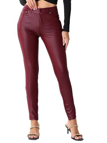 Allegra K Leather Pants for Women High Waist Stretch Tights Motorcycle Leggings with Pockets, Large, Burgundy