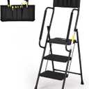 HBTower Step Ladder with Handrails, Folding Step Stool with Attachable Tool Bag & Anti-Slip Wide Pedal for Home Kitchen Pantry Office, Black