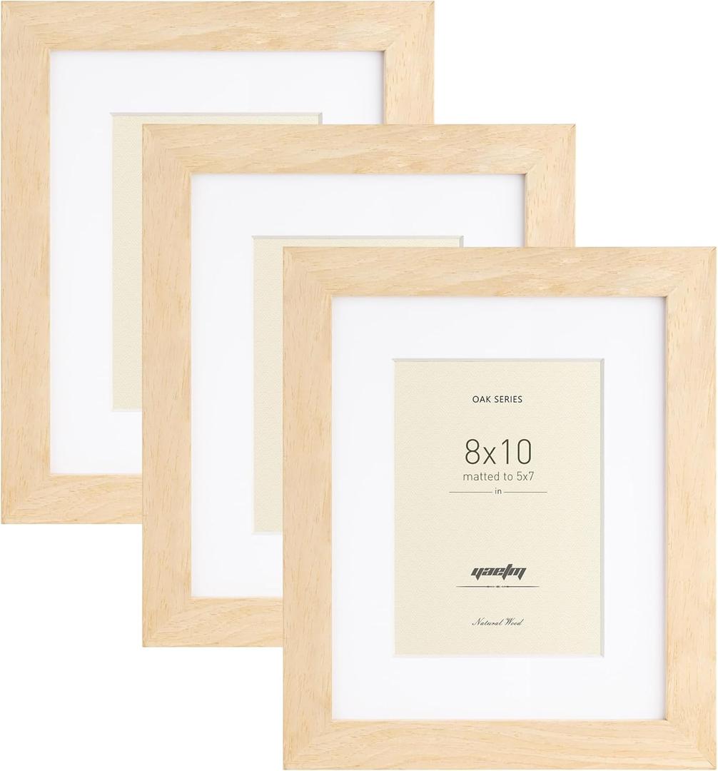 Yaetm 8x10 Oak Wood Picture Frame with Mat for 5x7 Set of 3, Wide Molding, Solid Natural Wood 8x10 Frames with Tempered Glass, Tabletop & Wall Mount (3 pack, Oak)