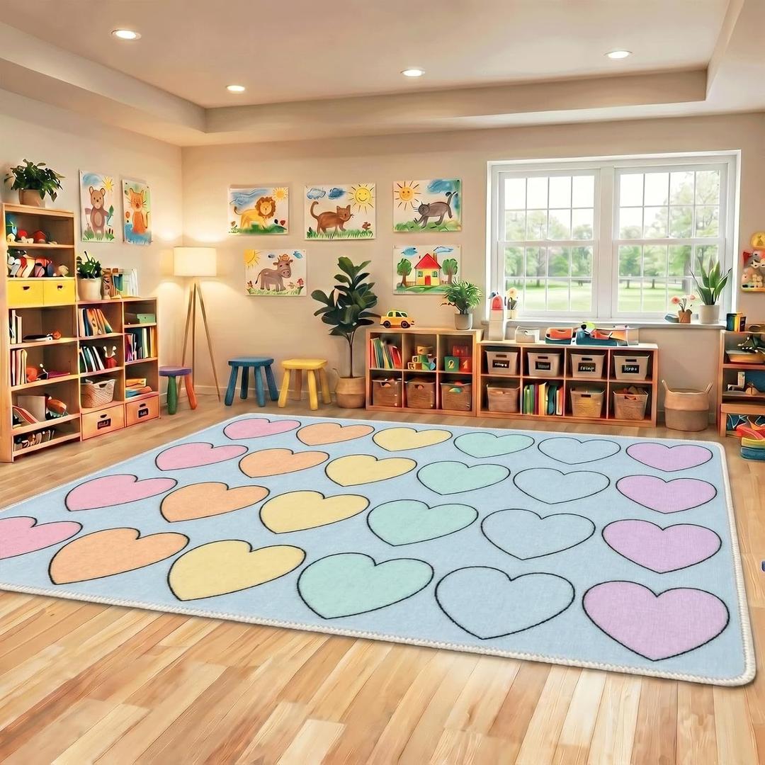 Drydiet Large Classroom Rug 7.5x12ft Heart Area Rug, Seats 24 | Abstract Educational Play Carpet Colorful Seating Carpet