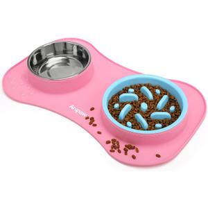 Anipaw Slow Feeder Dog Bowls 3 in 1 Stainless Steel Dog Food and Water Bowls with Non-Spill Non-Skid Silicone Mat to Slow Down Eating for Large Medium Small Breed Size Dogs and Cats (Pink Blue)