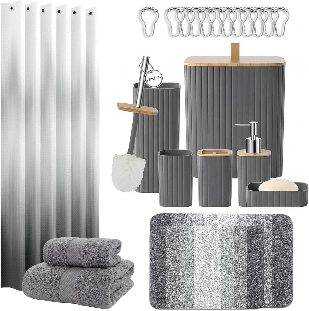 Bathroom Accessories Set - Bathroom Set with Shower Curtain and No Slip Rugs, Trash Can, Toilet Brush Holder Set, Soap Dispenser & Bath Towels - Stylish Bath Decor for Home, Apartment, Grey, 25PCS