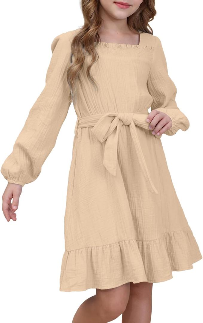 blibean Girls Cotton Long Sleeve Dresses Ruffled Semi Formal Dress Size 6-15 Years (Beige, XXL)