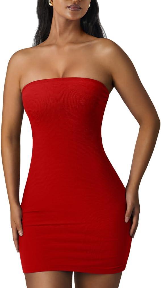 XXTAXN Women's Sexy Tube Sleeveless Bodycon Cocktail Party Mini Dress (Medium, Red)
