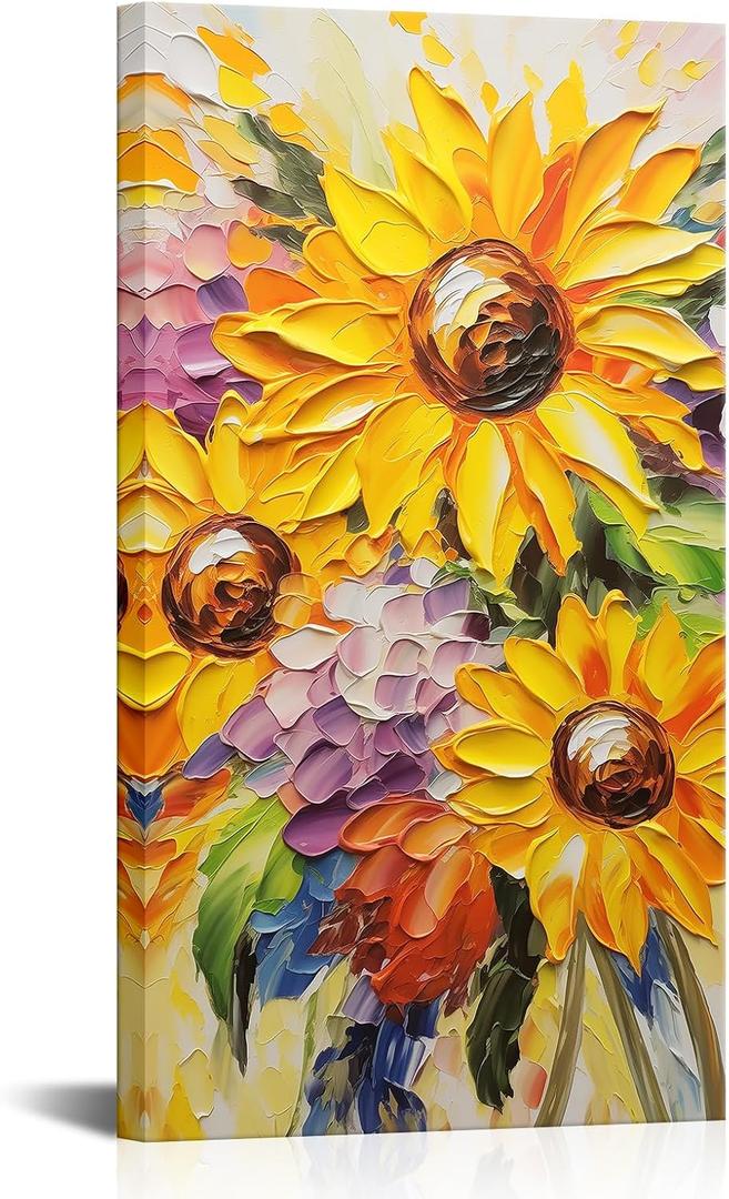 Sunflower Canvas Wall Art, 20"x36" Modern Floral Landscape Texture Prints Canvas Wall Decor, Sunflower Oil Painting Style Printing Artwork for Home Bedroom Bathroom Living Room Office (Yellow)