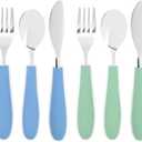 Elk and Friends Kids Silverware with Silicone Handle | Childrens Safe Flatware | Kids Utensils | Spoon + Fork + Knife set | 4 years+ | 6 Pieces (Sage/MistyBlue)