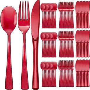 Minatee 150 Pieces Disposable Cutlery Set Plastic Silverware Heavy Duty Utensil Sets 50 Forks 50 Knives 50 Spoons for Home Office School Party Picnics Restaurant Outdoor Events(Red)