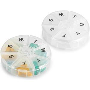 Weekly Pill Organizer - (Pack of 2) 7 Day Pills Container, Round Medicine Organizer Box, Daily Week Pill Reminder Case Travel Friendly, BPA-Free Vitamin, Supplement, Fish Oil, Medication Planner
