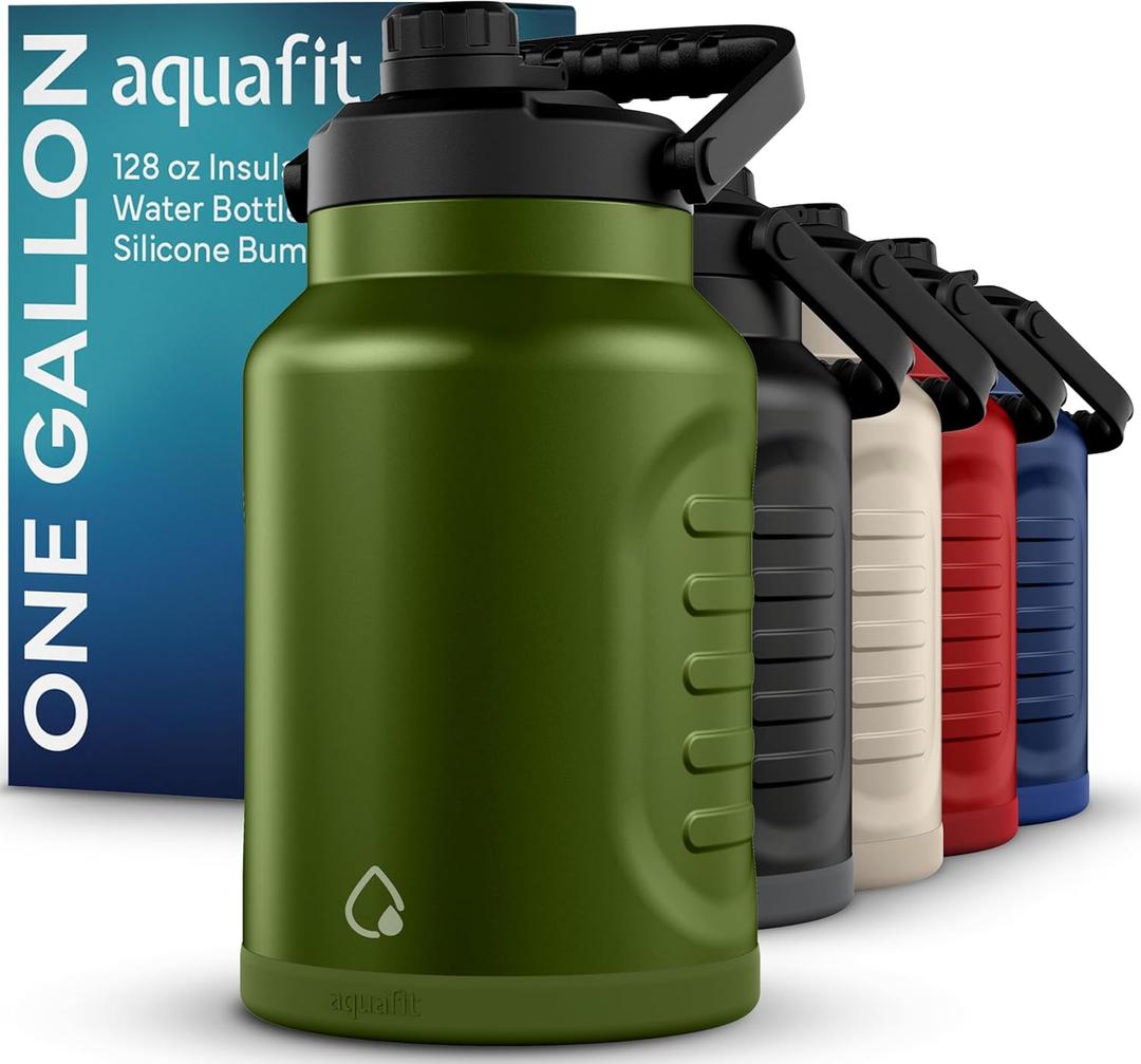 AQUAFIT 1 Gallon Insulated Water Bottle (Cold for 48 Hrs) - BPA Free & Leak Proof - 128oz Stainless Steel Jug - Big Water Bottle with Handle for Gym, Hiking, Camping & Travel (Military Green)