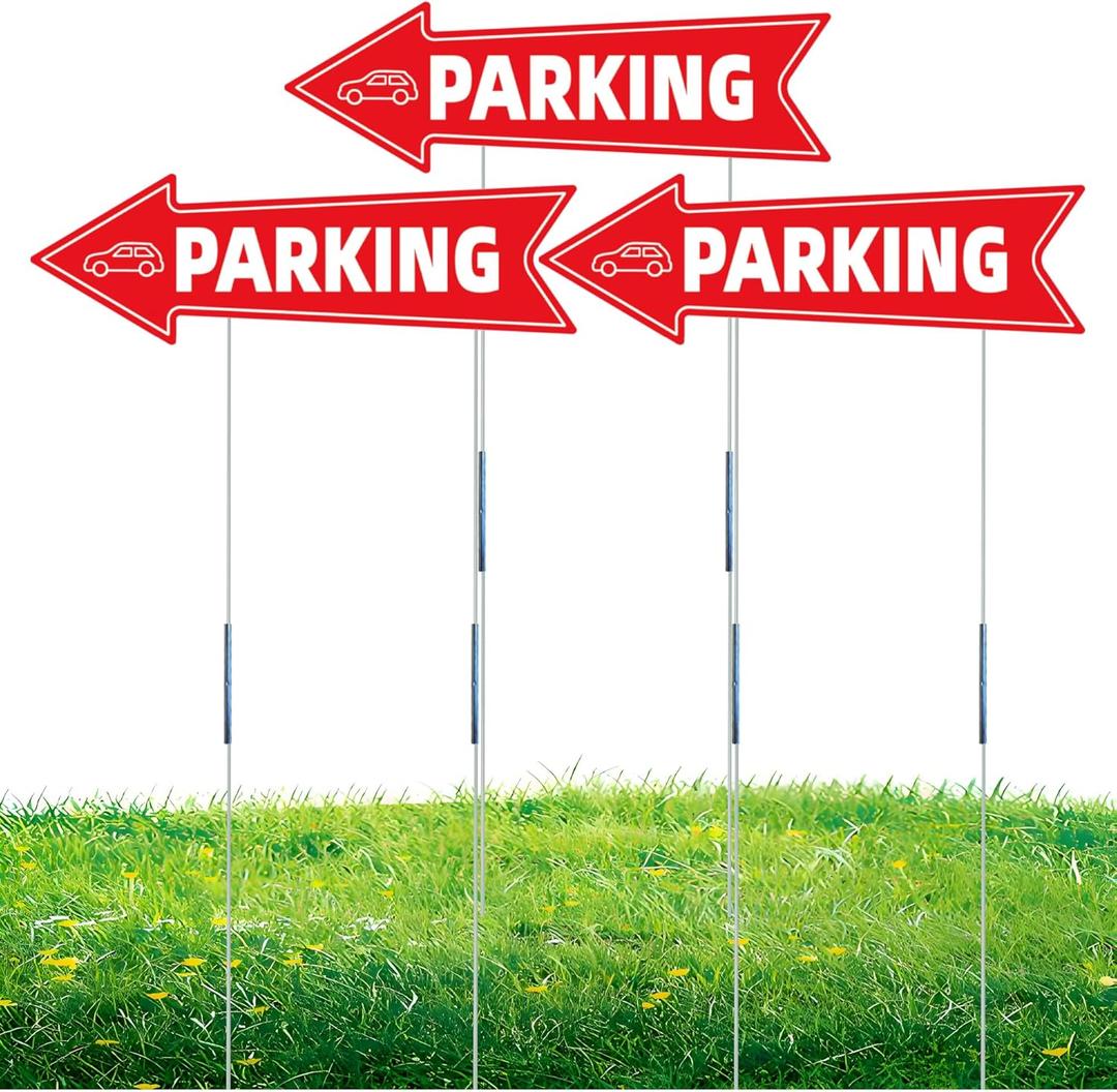 16 X 5 Inch Directional Parking Signs with Arrows - Durable Corrugated Plastic Event Parking Yard Signs, Red & White, Left & Right Arrow, with Stakes (3)