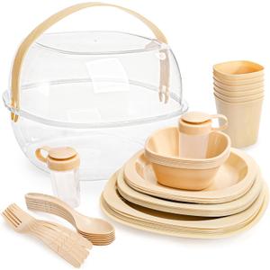 Tebery 46 Pack Camping Dinnerware Set for 6 Portable, Reusable Plastic Plate Bowl Fork Spoon Salt Pepper Shaker Set with Basket, Food Grade Picnic Dishes Cutlery Kit for Outdoor, Party, Travel, BBQ