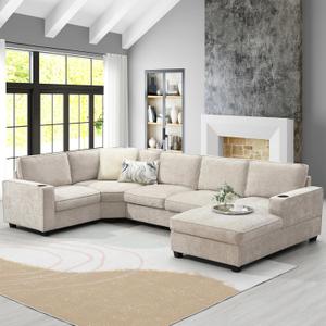Merax Modern Oversized U-Shaped Sectional Sofa with Cup Holders & Chaise Lounge, Chenille 6-Seat Couch Set Sleeper Bed with Deep Seat Beige, 119 L