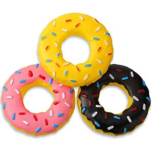 Leitee 2 Pieces 5.3 Inch Assorted Donut Dog Chew Toy with Squeakers Rubber Dog Toy Pink Yellow Black for Interactive Play Small to Medium Dogs Puppy Aggressive Chewers, Yellow and Pink