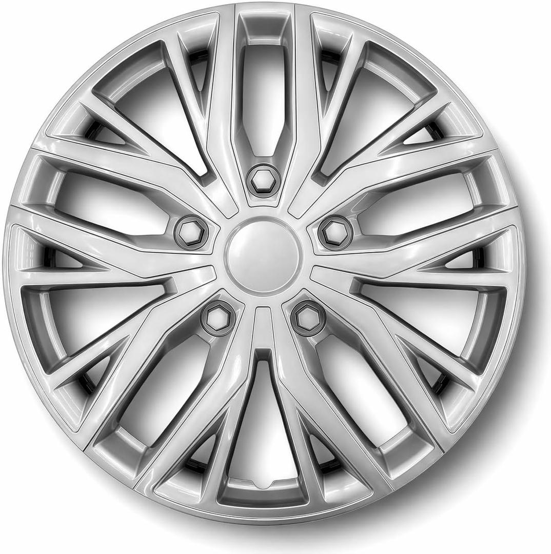 17 Inch Silver Hubcaps with Adjustable Steel Retention Rings, Premium ABS Universal Fit, Set of 4 Wheel Covers (Silver)