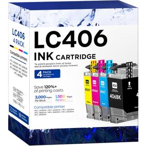 LC406 Ink Cartridges Compatible for Brother LC406 LC406XL LC 406 XL Work for Brother MFC-J4335DW MFC-J5855DW MFC-J4535DW MFC-J6555DW MFC-J6955DW Printer (Pack of 4, Black, Cyan, Magenta, Yellow)