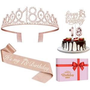 18th Birthday Decorations for Girls, Including Sash, Crown/Tiara, Candles, Cake Topper, 18th Birthday Gifts for Girls, Rose Gold Party Decor Supplies