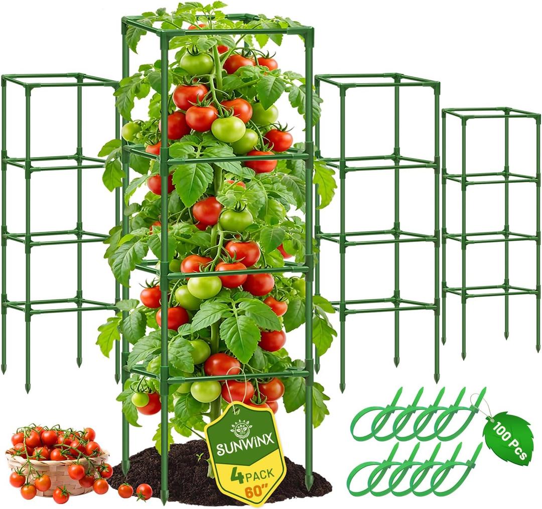 4 Pack Square Tomato Cages for Garden, 60 Inch Adjustable Tomato Stakes, Metal Tomato Trellis, Garden Plant Support for Potted Climbing Plants, Vegetables Flowers Fruits, Raised Garden Bed