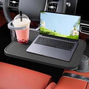 Car Tray & Car Desk for Laptop, 360 Rotating Wood Cup Holder Table,Aluminum Cantilever Laptop Mount for Vehicle,Steering Wheel Tray,Fits for Tesla Model Y/3/S,Camry Forester F150 Tundra&Most Vehicles