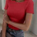 Roselux Women Crew Neck Ribbed Fitted Tight Tshirt Short Sleeve Shirt Basic Knit Top (Red, M)