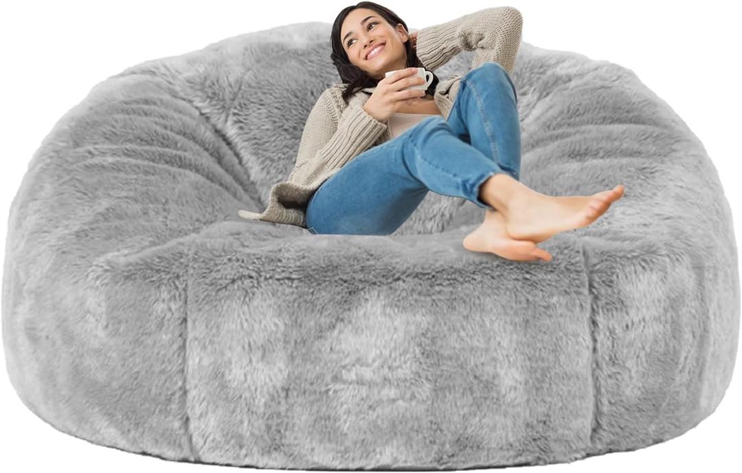 (No Filler) 7FT Giant Bean Bag Chair Cover Soft Faux RH Fur Sofa Bed Washable Bean Bag Couch Cover for Adult and Kids with Liner (Light Gray)