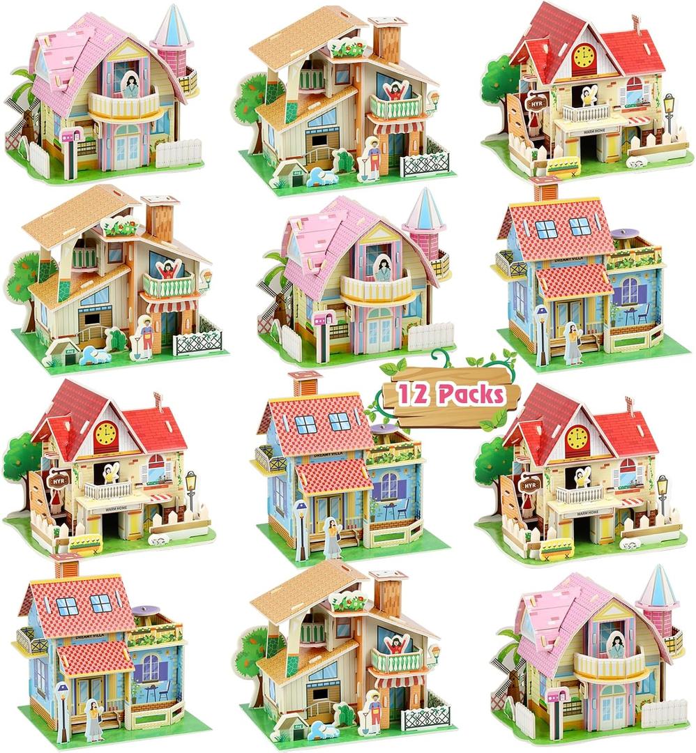 12 Packs Easter Basket Stuffers for Kids, Easter Gifts for Kids 3D Puzzles EPS Foam Board Model Building Kit, Party Favors Return Gifts (12 Pack Big Villas)
