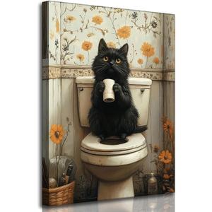 Funny Bathroom Cat Canvas Wall Art Cute Black Cat Get Toilet Paper Sitting on Toilet Painting Picture Wall Decor Poster Print Artwork for lavatory Home Decoration