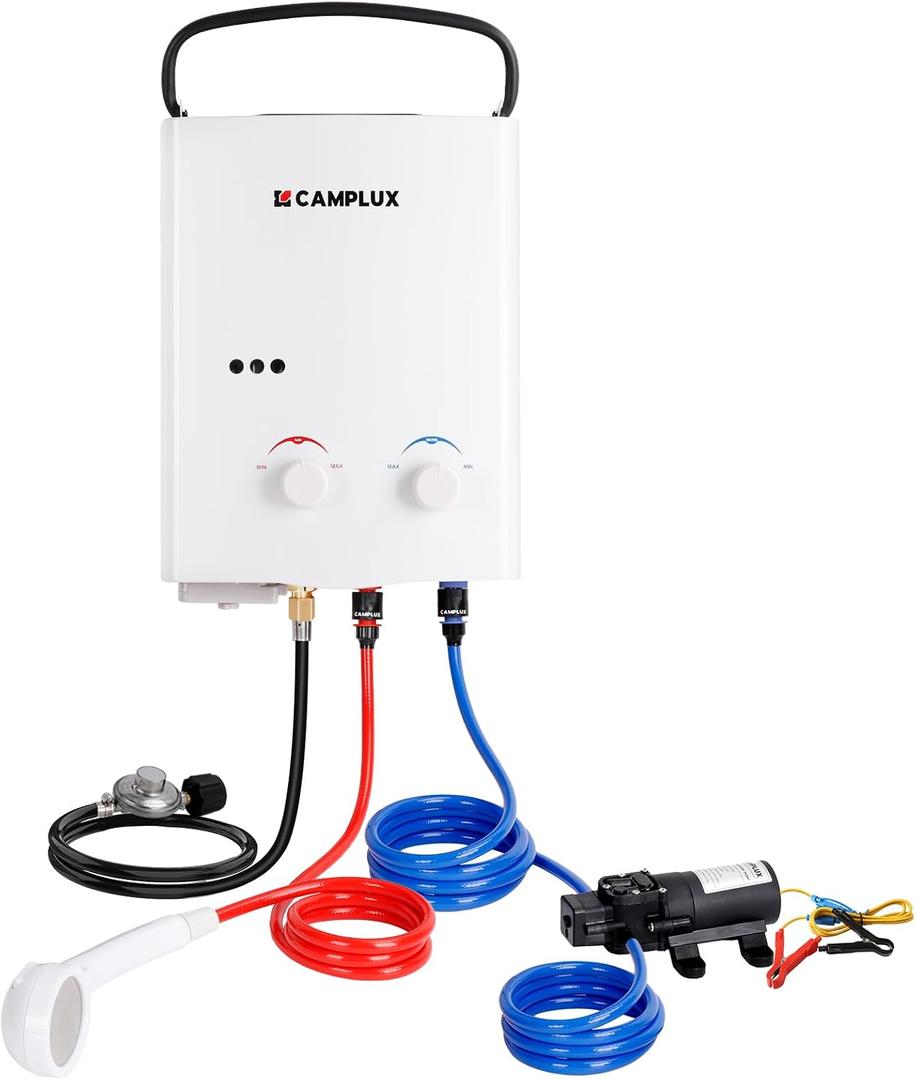 CAMPLUX Portable Propane Water Heater & Pump Kit, 1.32 GPM Tankless Gas Shower System with 12V Pump, Long Power Cables & Extension Hoses, Instant Hot Water for Off-Grid Camping, RV, AY132P43, White