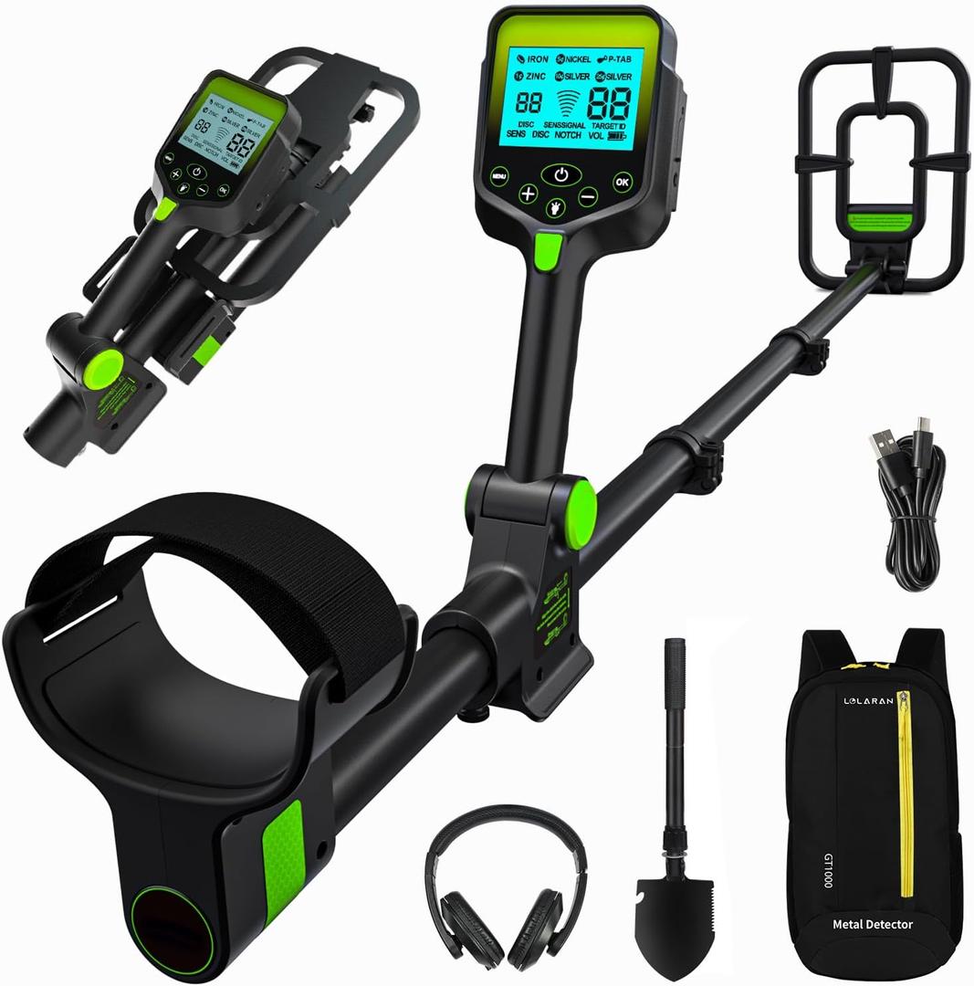 Rechargeable Metal Detector Kit for Adults - Foldable, Waterproof Search Coil, Adjustable Height, Includes Shovel, Backpack, Headphones, Pinpointer, Ideal for Gold & Silver Detection, Green