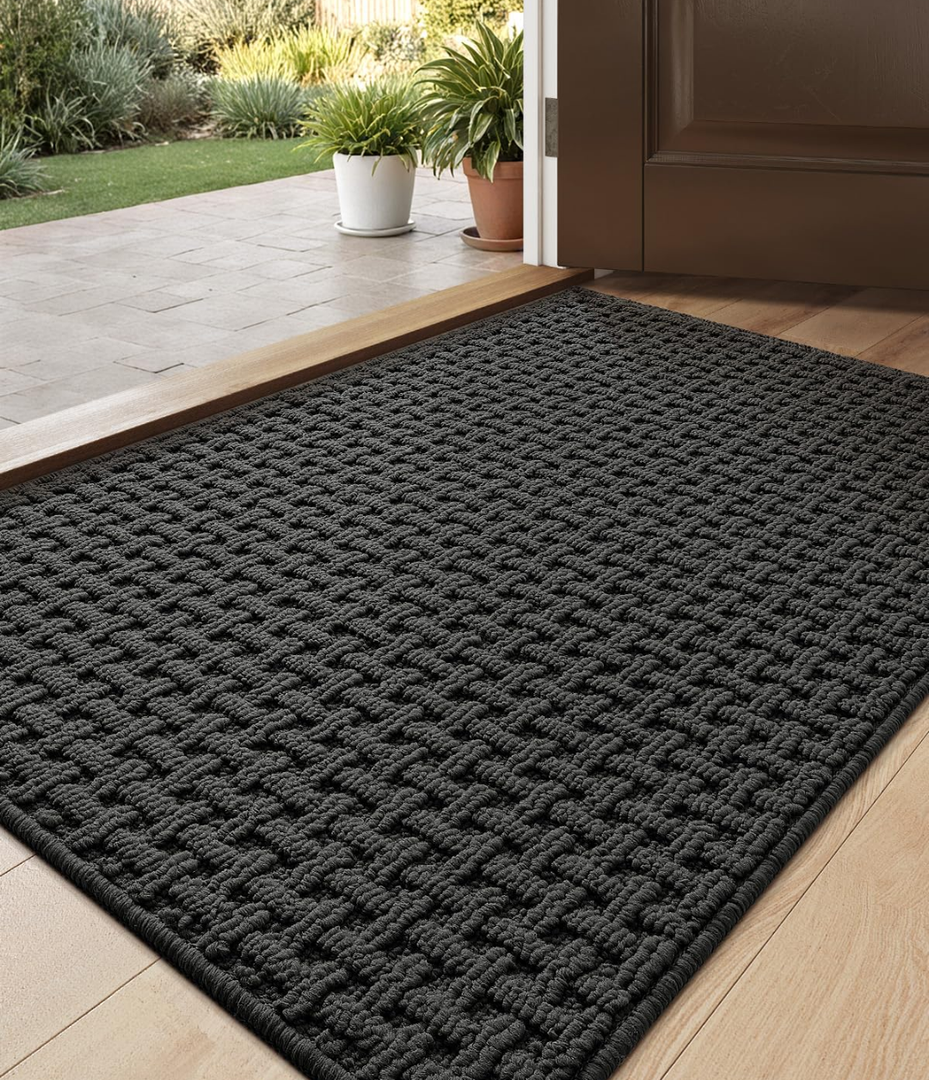 Front Door Mat Indoor 24x36, Non Slip Absorbent Entrance Rug for Dirt Trapper, Thin Low Profile Washable Inside Doormat with Waterproof Rubber Back, Dark Grey