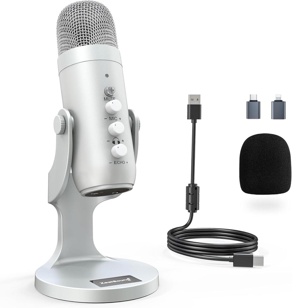 ZealSound USB Microphone,Condenser Computer PC Mic,Plug&Play Gaming Microphones for PS 4&5.Headphone Output&Volume Control,Mic Gain Control,Mute Button Vocal,YouTube Podcast on Mac&Windows(Silver)