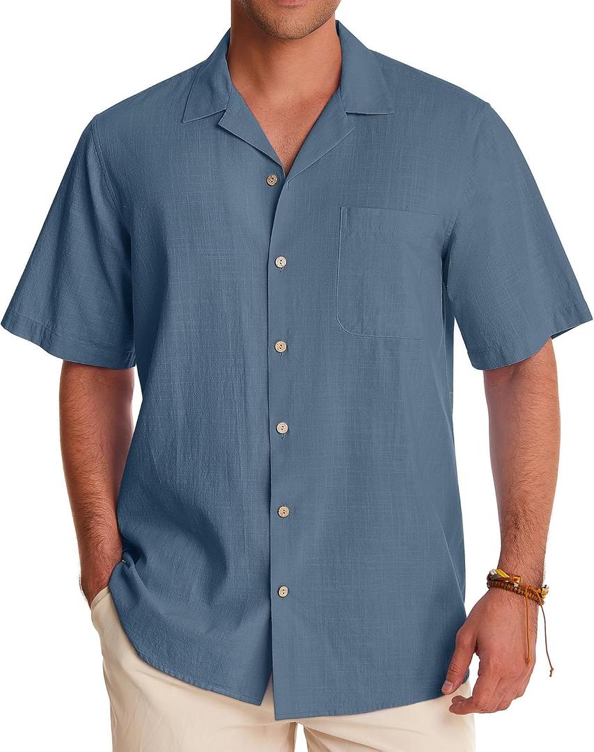 Alimens & Gentle Mens Linen Shirts Cotton Hawaiian Shirts Short Sleeve Button Down Shirts Casual Summer Beach Tops (Blue, XL)
