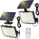 Outdoor Solar Lights, Bright 128 LEDs Flood Light with Optical Lens, Solar Powered Security Lights with 23 ft Cable, Remote Control 5 Modes Motion Sensor Light Outdoor for Garage Yard, 2 Pack