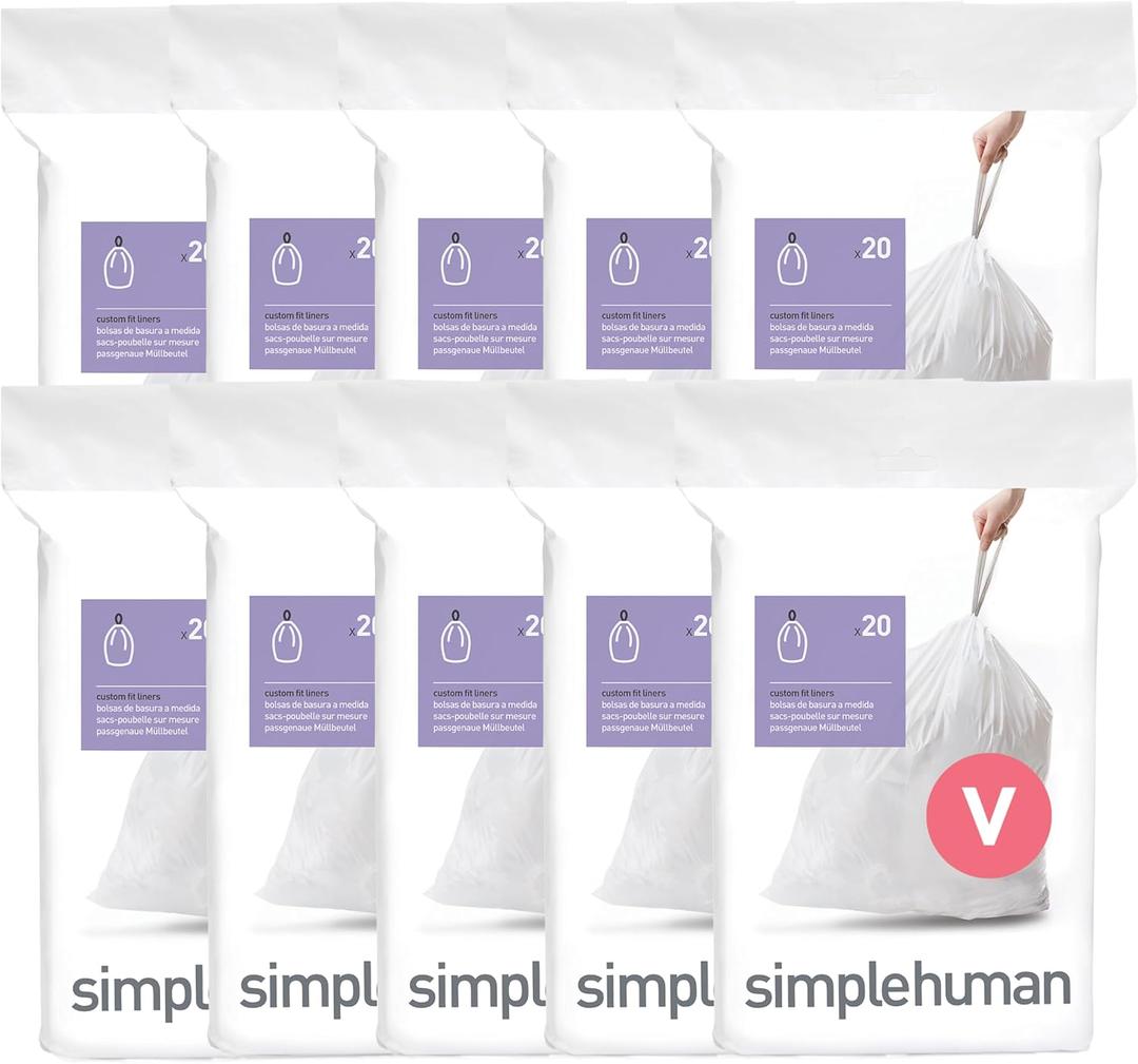 Simplehuman Code V 200 Count Custom Fit Liners, Drawstring Kitchen Trash Bags, One-by-One Mess-Free Dispense, Extra Thick & Double Seamed, 50% PCR Plastic, 16-18 Liter / 4.2-4.8 Gallon, White