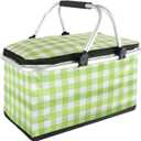 Insulated Picnic Basket,Collapsible Cooler Bag,32L Grocery Basket with Lid,2 Sturdy Handles,Storage Basket for Picnic,Food Delivery,Take Outs,Market Shopping,Travel (Green Grid) (32L-NO LeakProof)