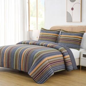 Chezmoi Collection Avery Striped Cotton Quilt Set King Size, 3-Piece Soft Pre-Washed 100% Cotton Quilt, Multi-Color Green Chezmoi Collection Avery Striped Cotton Quilt Set King Size, 3-Piece Soft Pre-Washed 100% Cotton Quilt, Multi-Color Green