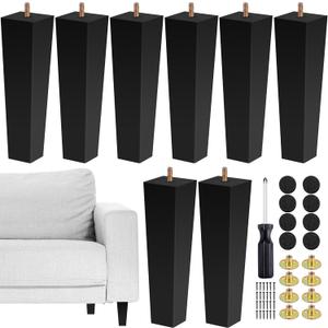 TURSTIN Set of 8 Furniture Legs 10 Inch Square Solid Wood Couch Legs Replacement Sofa Leg Mid Century Furniture Feet for Armchair Bed Dresser Cabinet Include Installation Hardware, Black
