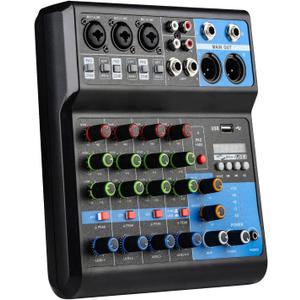 Dj Mixers 5 Channel Audio Mixer Sound Board with Bluetooth, Usb Audio Interface with 48V Phantom Power Sounds Mixer Board with FX Reverb Delay Effect for Streaming