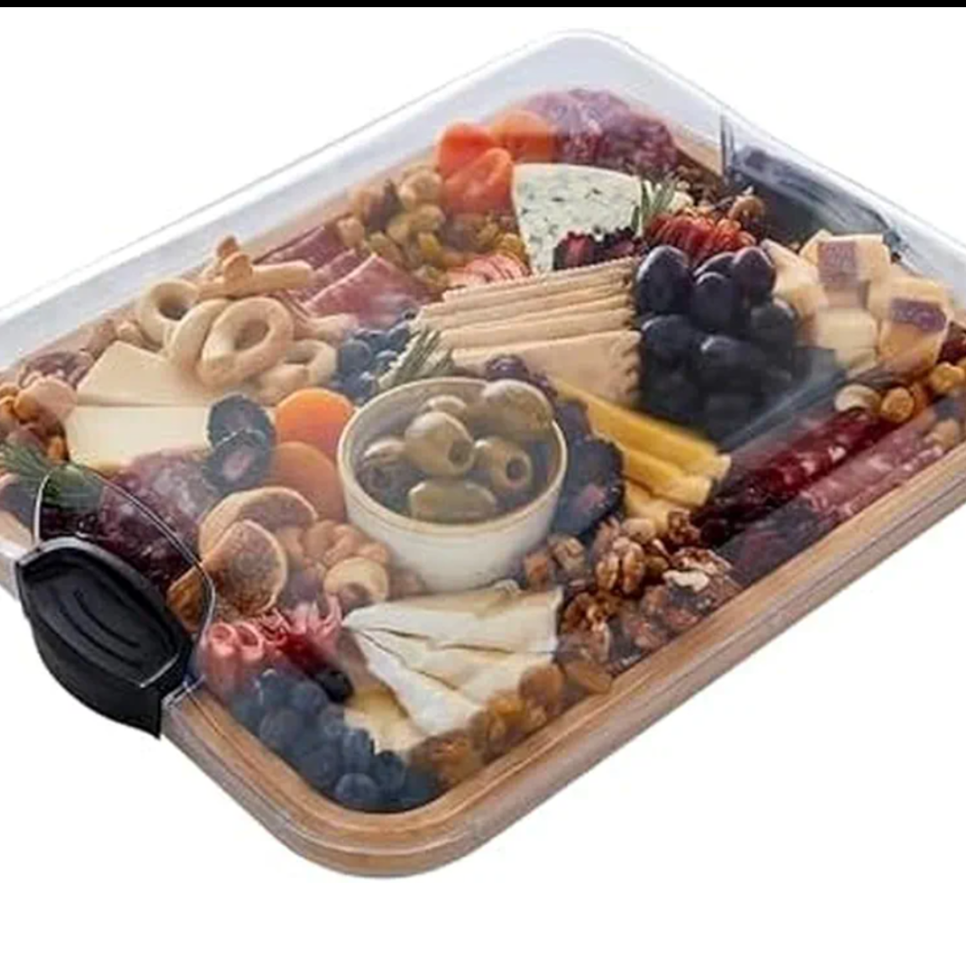 Farberware Build-A-Board Bamboo Cutting Board with Single Storage Compartment, Clear Locking Lid, Black Handles, Perfect for Charcuterie & Snacks