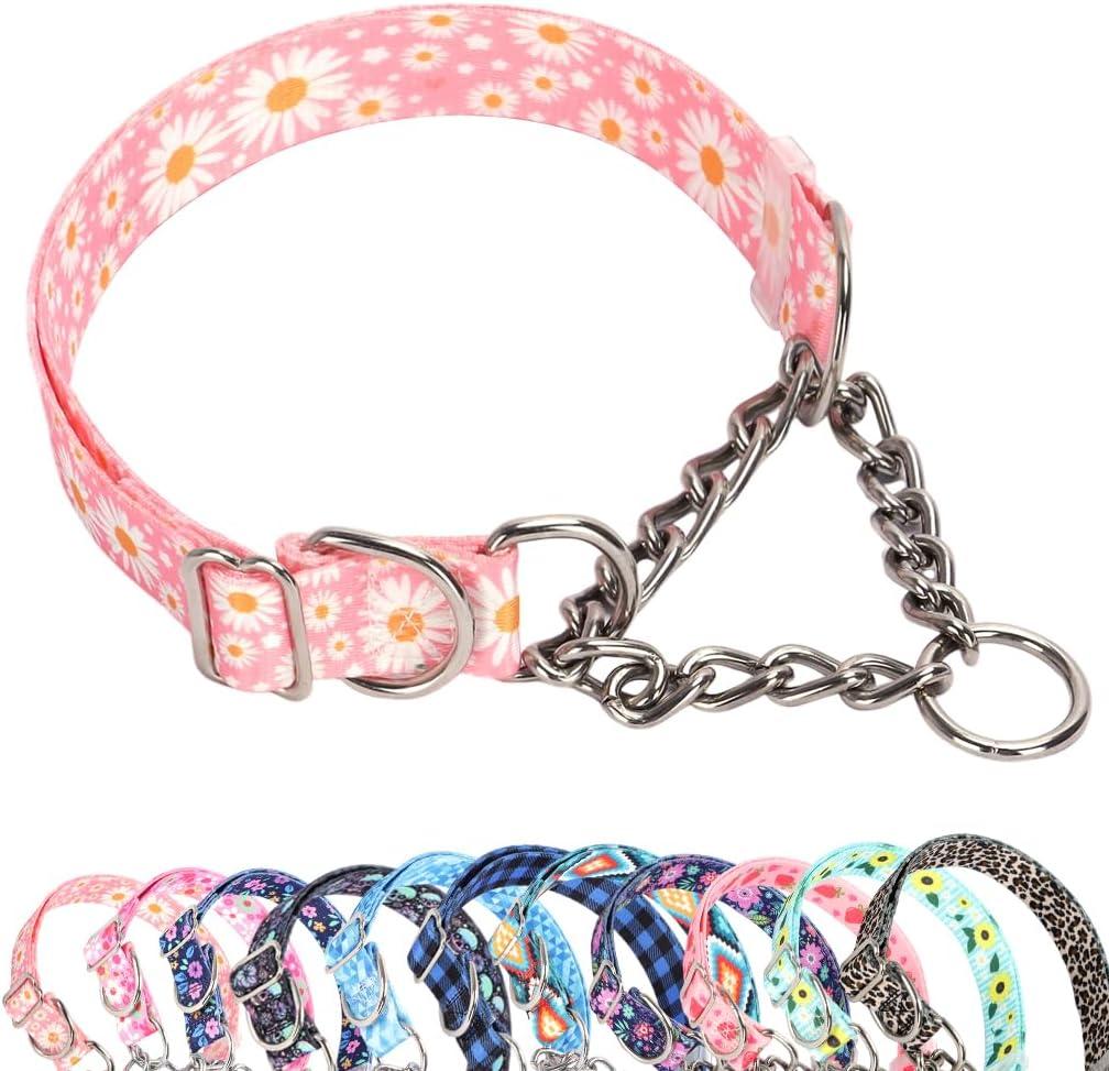 Chain Martingale Collar for Dogs, No Slip Choke Collar Adjustable Buckle Stainless Steel Training No Pull Dog Choker Collar for Small Medium Large Pets Girls Female, Pink Daisy M (M(Neck 15"-20"))