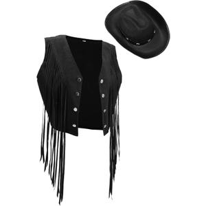 Yaomiao 70s Hippie Womens Fringe Vest Western Felt Cowgirl Hat Cowgirl Costume Rivets Sleeveless Faux Suede Tassels Jacket (M)