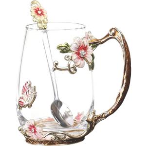 Flower Glass Coffee Tea Cup With Spoon Set Ideal Gifts For Mom Women Christmas Stocking Stuffers Valentine's Day Birthday Gifts For Her Girlfriend Wife Nice Present From Daughter Son (Red-Tal)