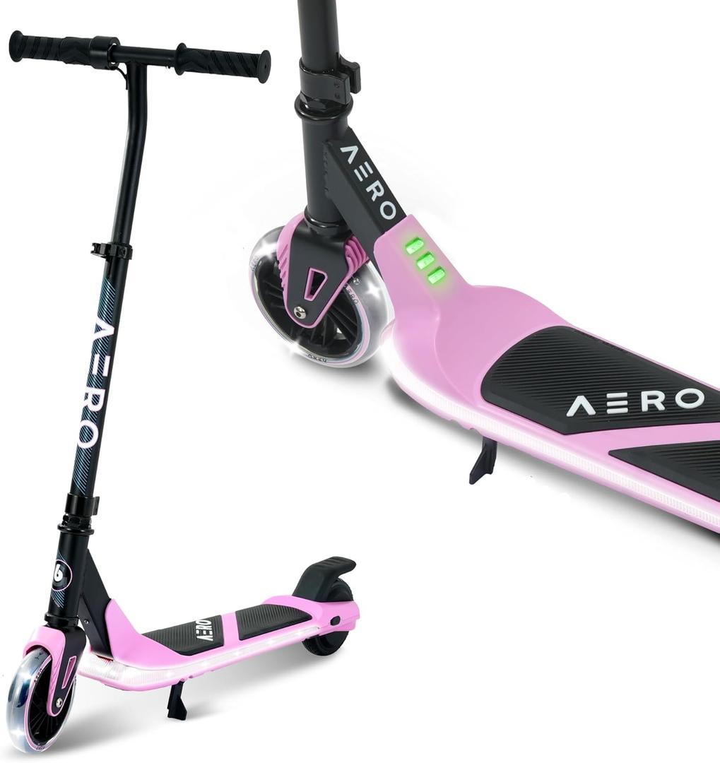 AERO Kids Electric Scooter for Boys and Girls Ages 6-12 or 8-12, with Hand Accelerator, LED Lights, 2 Speed Levels, Battery Indicator, Rubber Mat, and Adjustable Heights